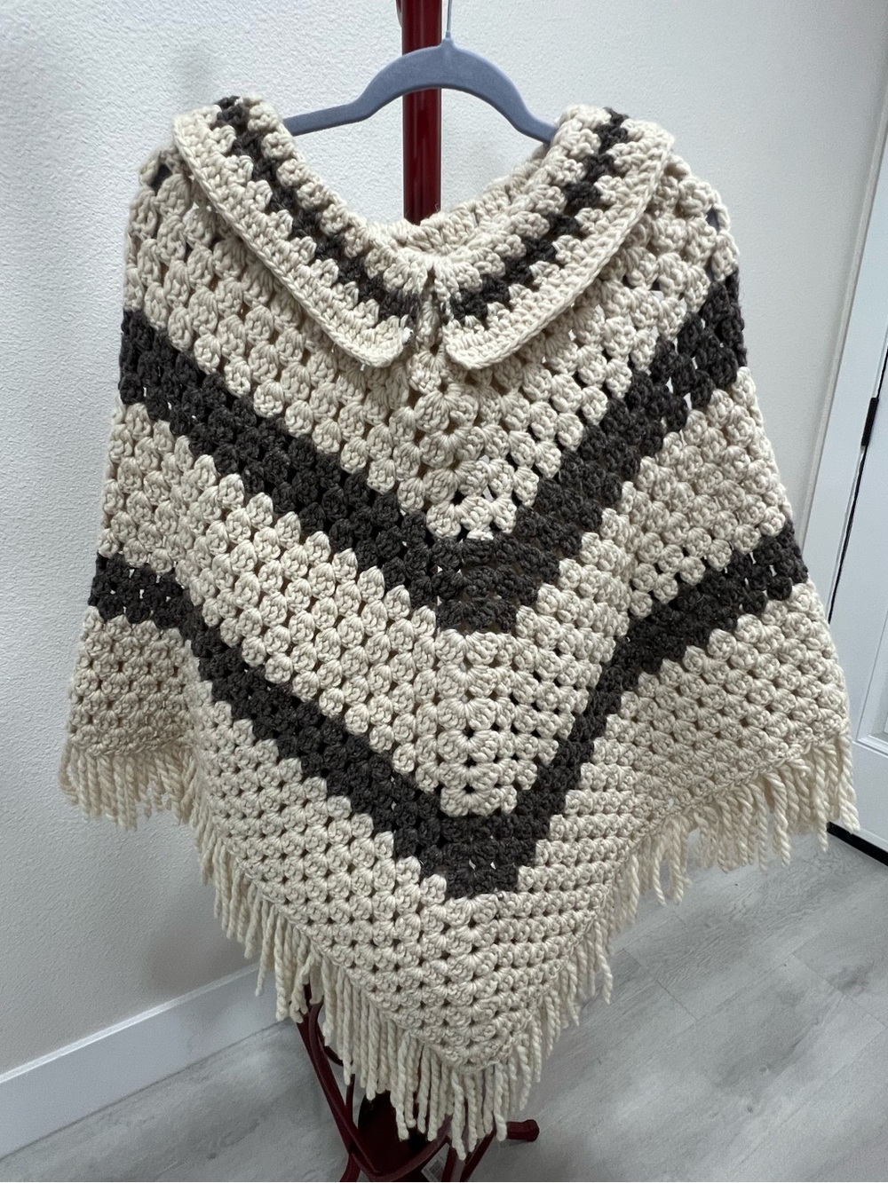 Handmade Cream and Brown Crochet Poncho with Collar. New.